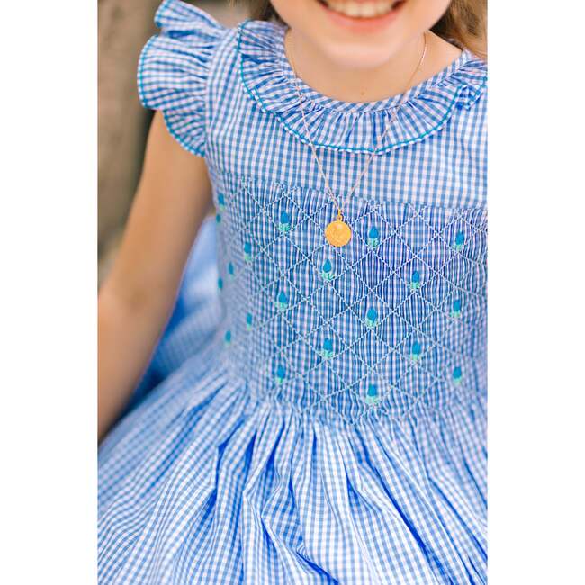 Tulip Gingham Frilled Cap Sleeve Smocked Dress, Blue - Dresses - 4