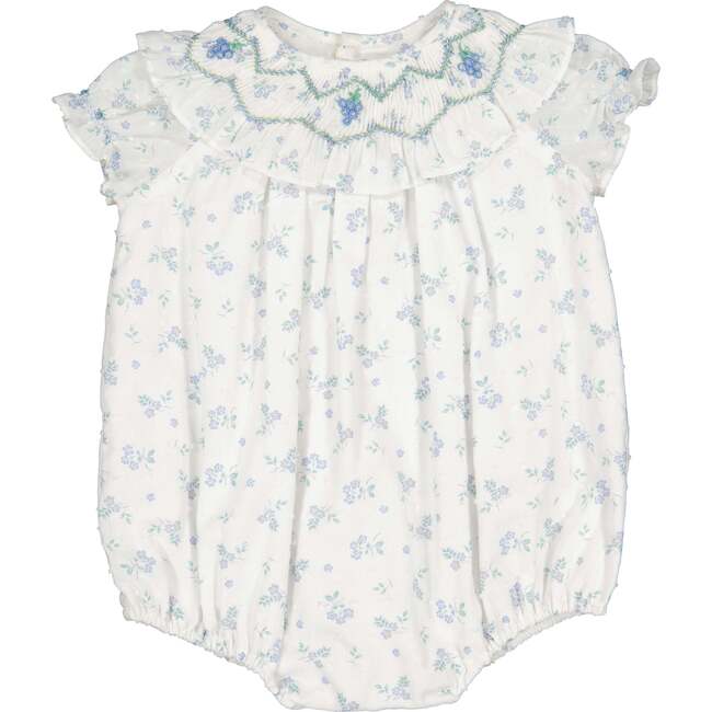 Myrtille Floral Short Sleeve Bishop Romper, Blue - Rompers - 1