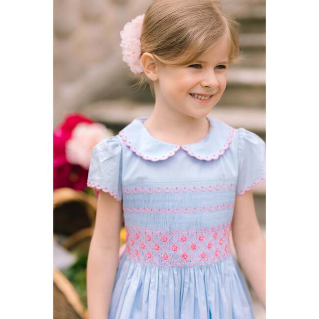 Cassis Short Sleeve Smocked Dress, Blue - Dresses - 4