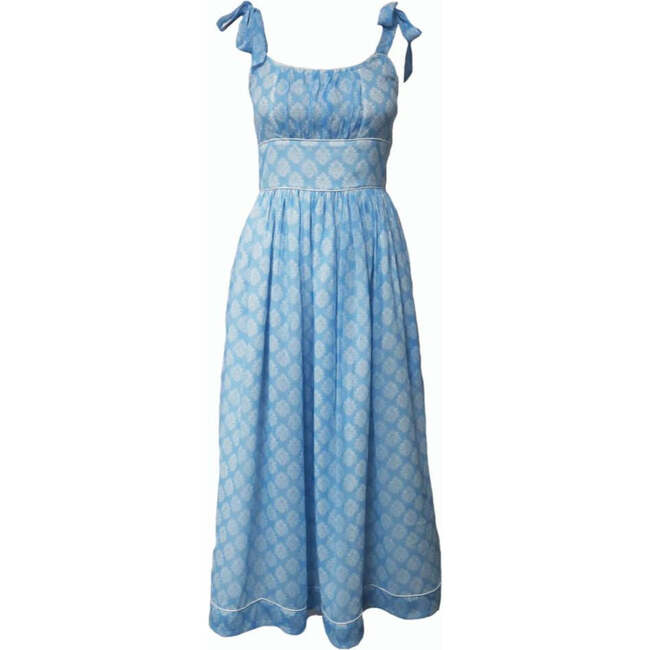 Women's Shirred Dress in Blue Block Print