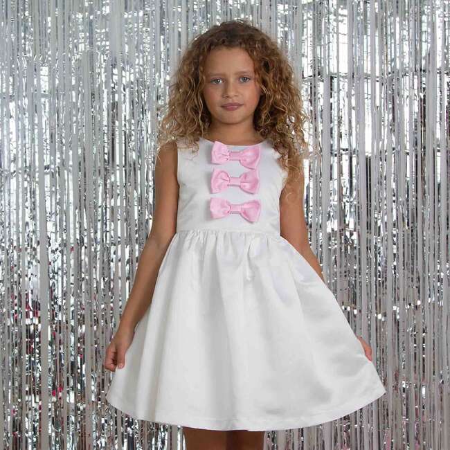 Joy Satin Bows Occasion Party Dress, White & Pink - Dresses - 2