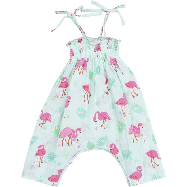 Tie Strap Smocked Romper, Flamingos