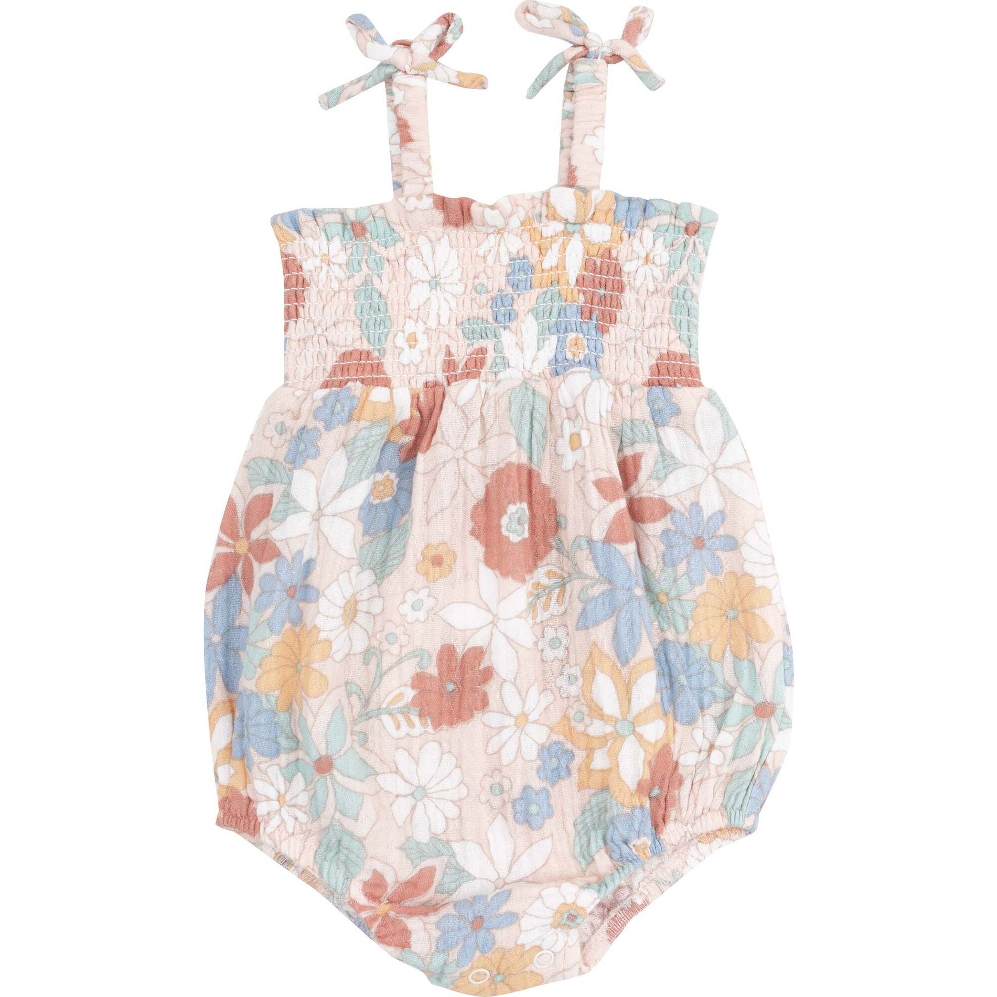 Tie Strap Smocked Bubble, Tropical Retro Floral - Rompers - 1