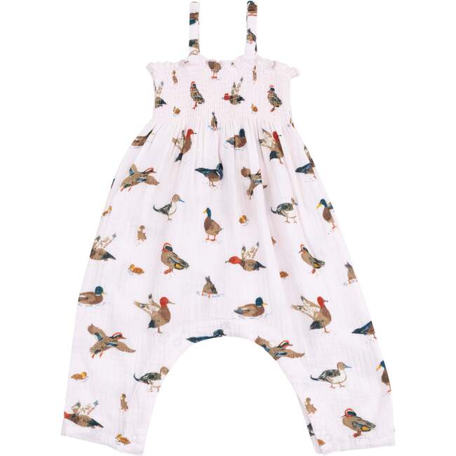 Tie Strap Smocked Romper, Ducks Pink