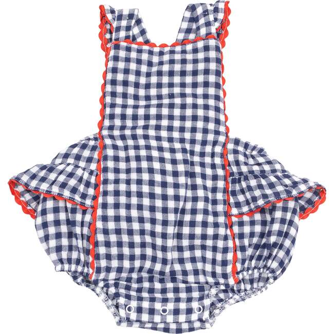 Ric-Rac Ruffle Sunsuit, Navy Gingham