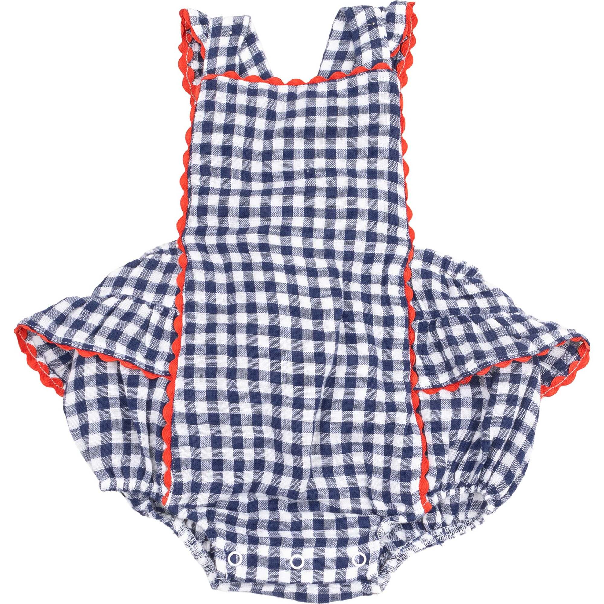 Ric-Rac Ruffle Sunsuit, Navy Gingham - Rompers - 1