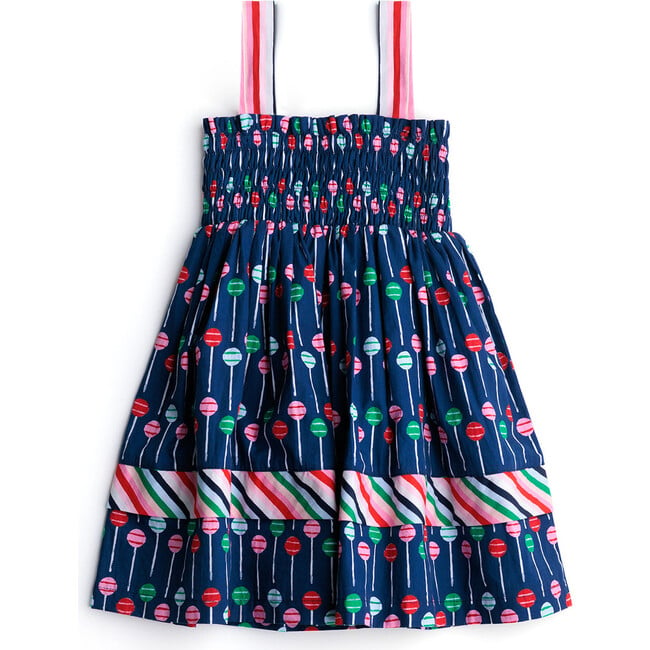 Blacklock Smocked Print Pleated Yoke Sleeveless Dress, Navy Tootsie Pop