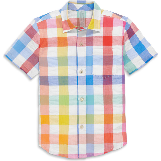 Short Sleeve Button Down In Rainbow Gingham, White Rainbow Check - Button Downs - 1