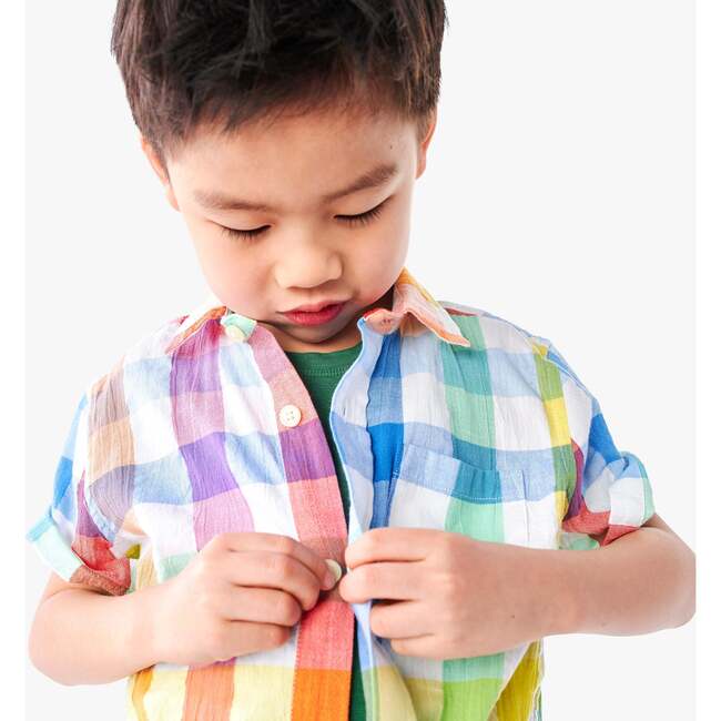 Short Sleeve Button Down In Rainbow Gingham, White Rainbow Check - Button Downs - 3