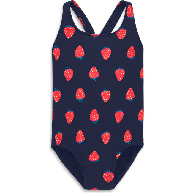 Kids One-Pice Swimsuit In Strawberry Fields, Navy Strawberries