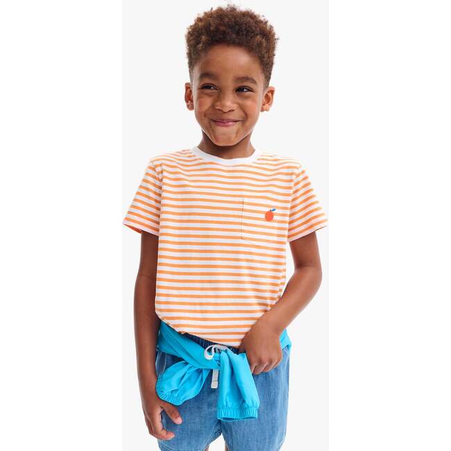 Kids Embroidered Pocket Tee In Stripe, Cantaloupe White Stripes - T-Shirts - 2