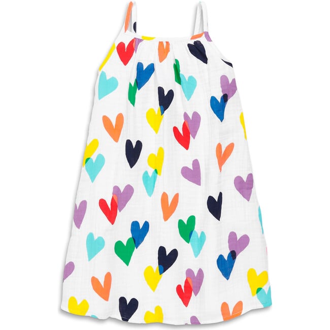 Kids Cotton Gauze Tank Dress In Rainbow Confetti Hearts, White Rainbow Confetti Hearts - Dresses - 1