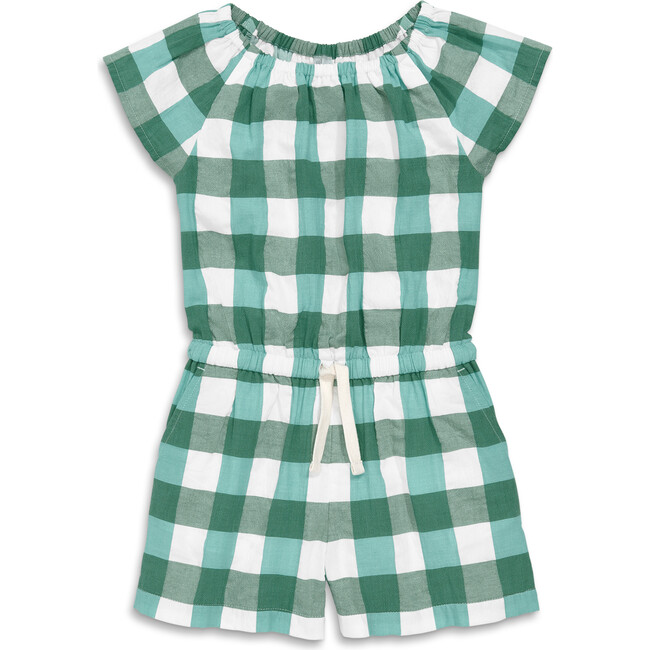 Kids Drawstring Romper In Gingham, Chive Sunwashed Teal Gingham