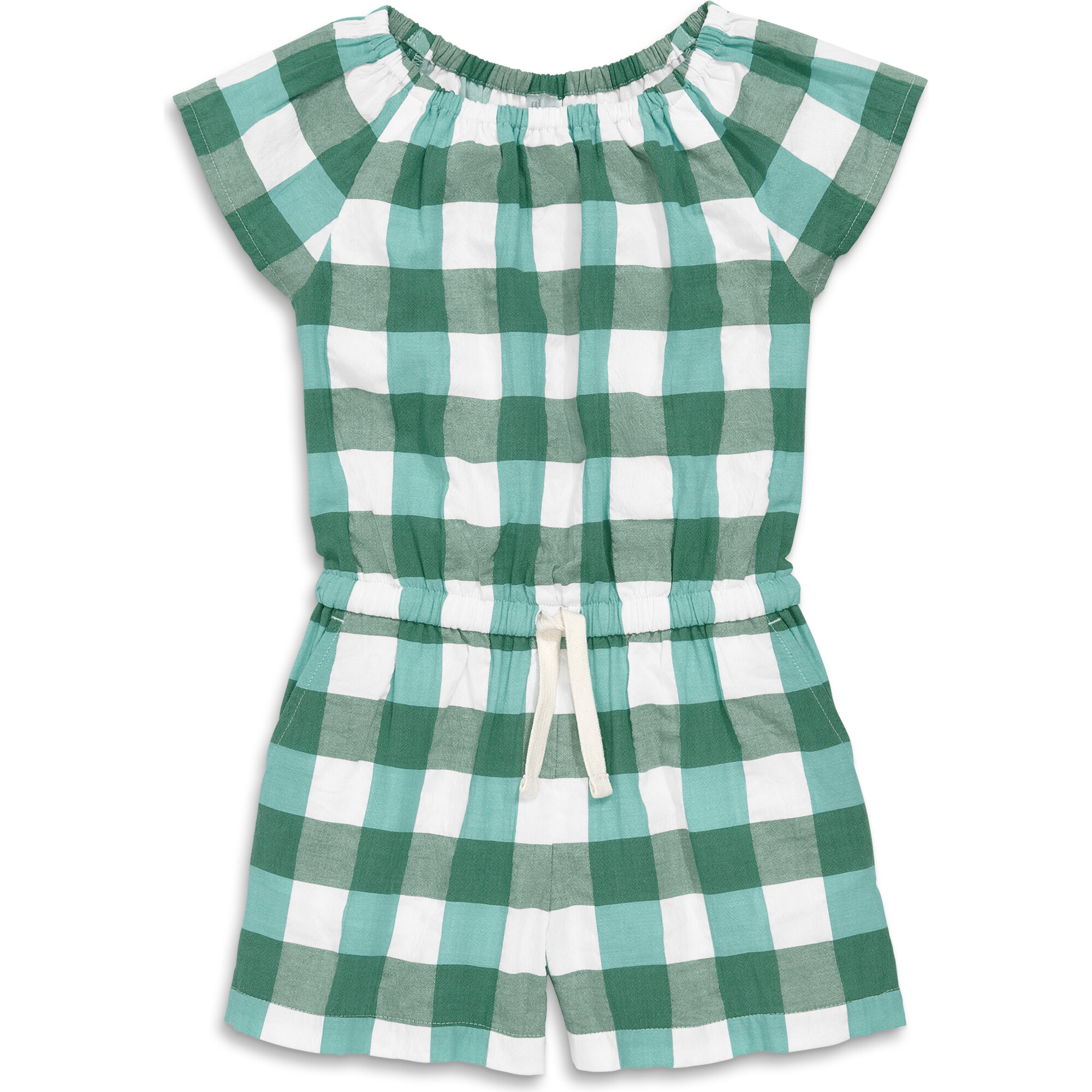 Kids Drawstring Romper In Gingham, Chive Sunwashed Teal Gingham - Rompers - 1