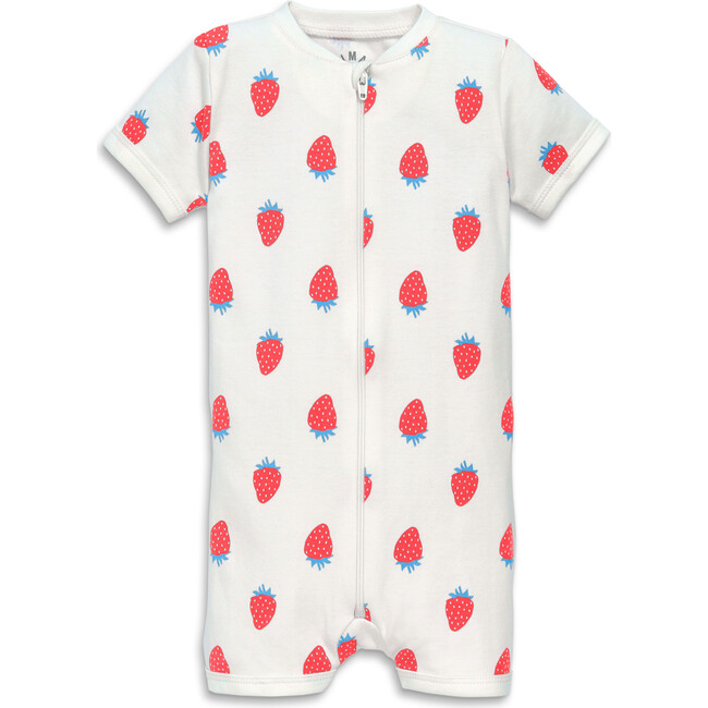 Baby Organic Zip Shortie In Strawberry Fields, White Strawberries - Pajamas - 1