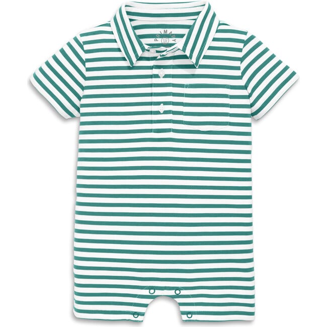 Baby Polo Shortie In Mini Stripe, Sunwashed Teal White Stripe