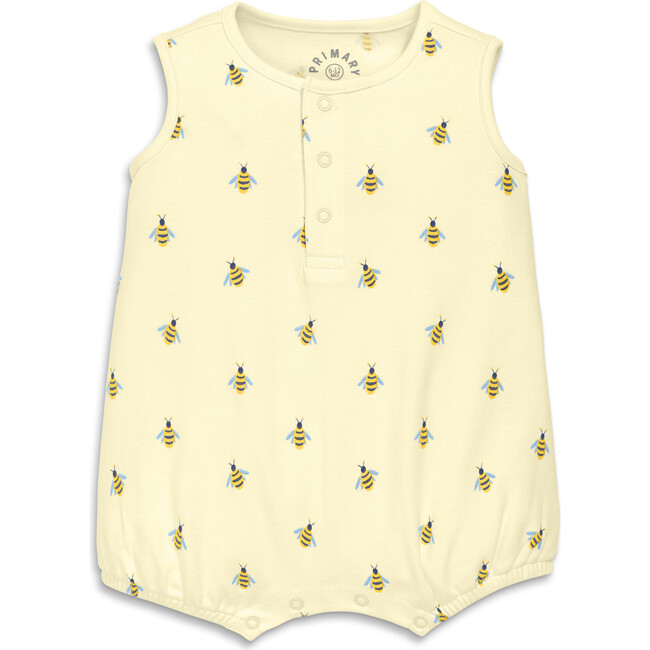 Baby Organic Henley Tank Shortie In Baby Bugs, Light Banana Bumble Bees - Rompers - 1