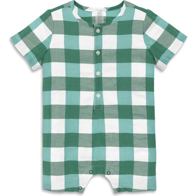 Baby Henley Picnic Shortie In Gingham, Chive Sunwashed Teal Gingham