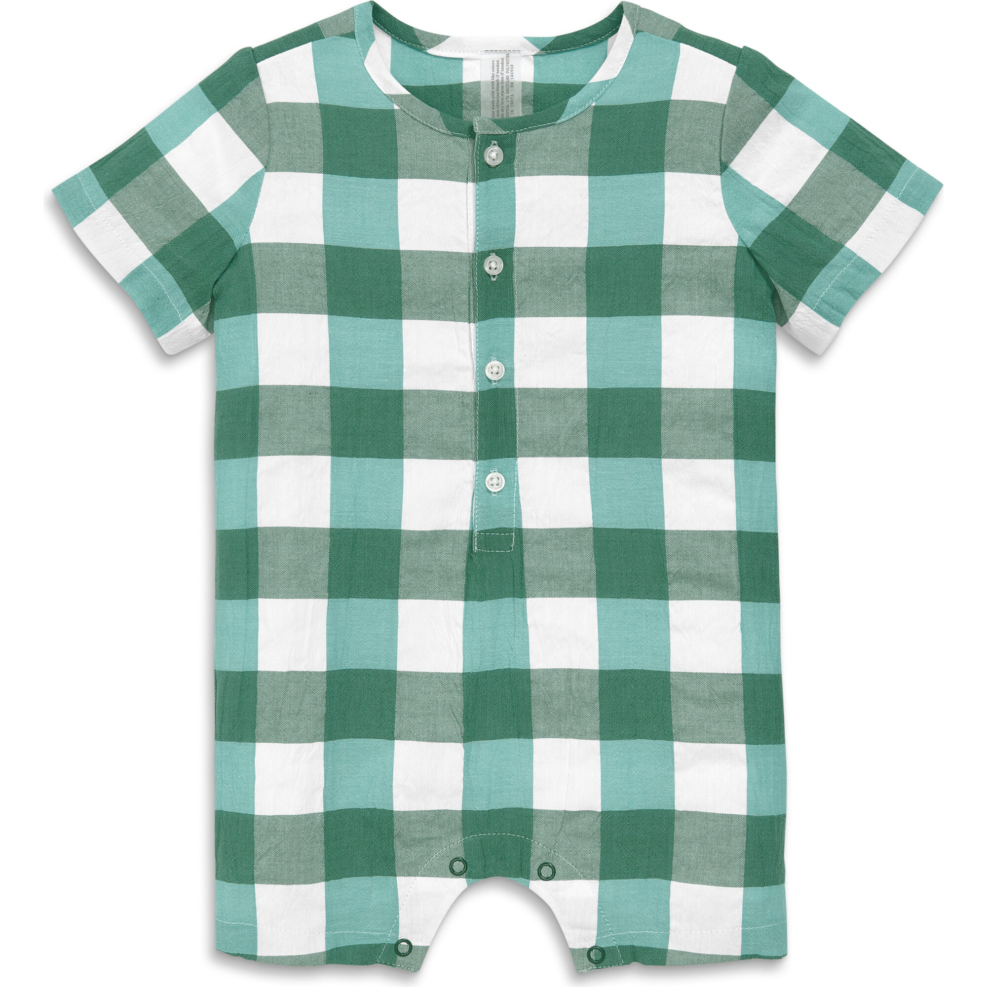 Baby Henley Picnic Shortie In Gingham, Chive Sunwashed Teal Gingham - Rompers - 1