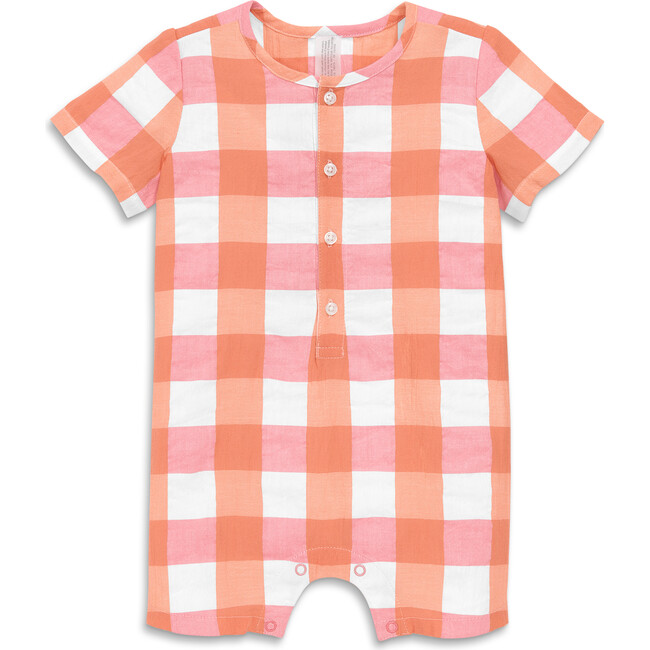 Baby Henley Picnic Shortie In Gingham, Guava Goldfish Gingham