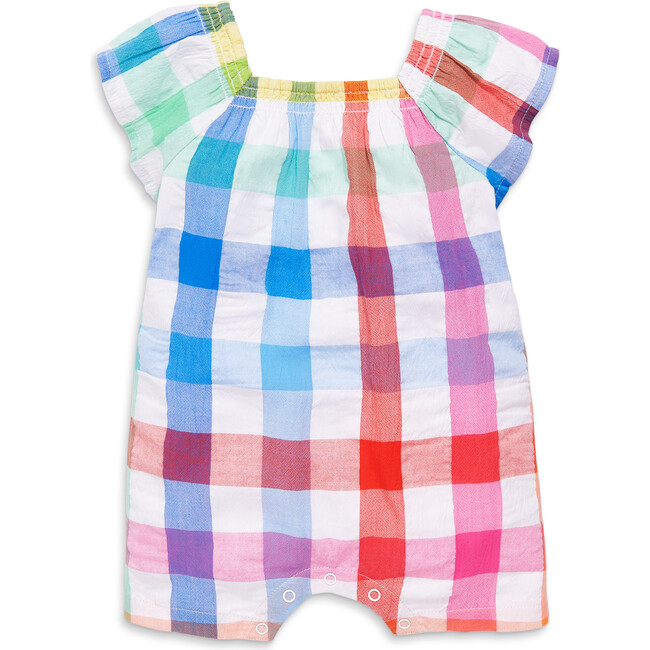 Baby Flutter Sleeve Shortie In Rainbow Gingham, White Rainbow Check - Rompers - 1