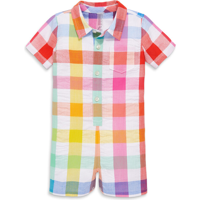 Baby Button Down Shortie In Rainbow Gingham, White Rainbow Check