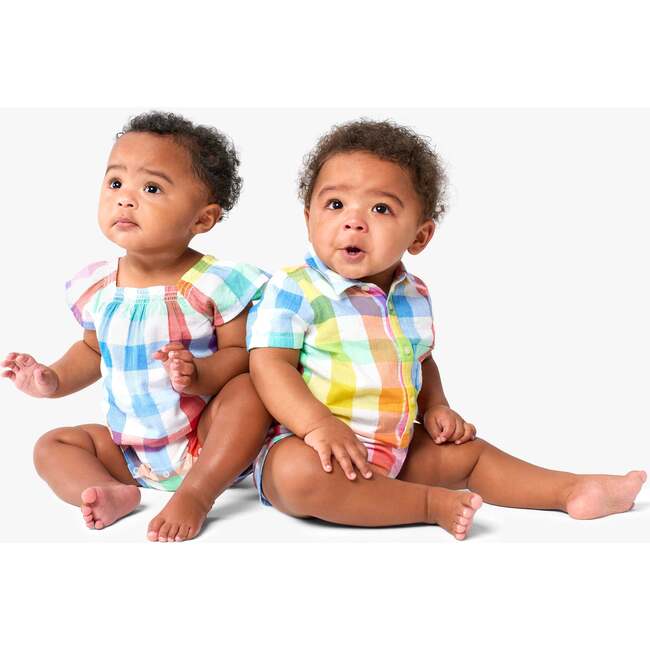 Baby Button Down Shortie In Rainbow Gingham, White Rainbow Check - Rompers - 2