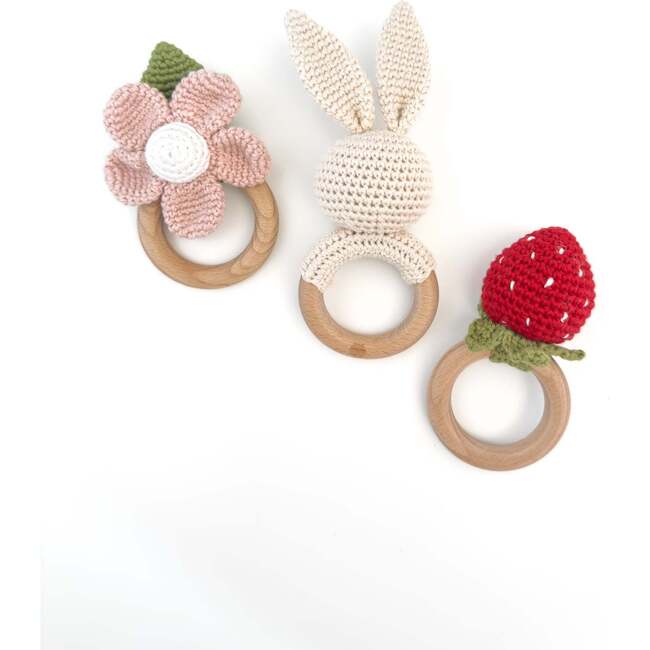 Spring Rattle Set Strawberry Red Bunny Cream Flower Blush Cotton Teether