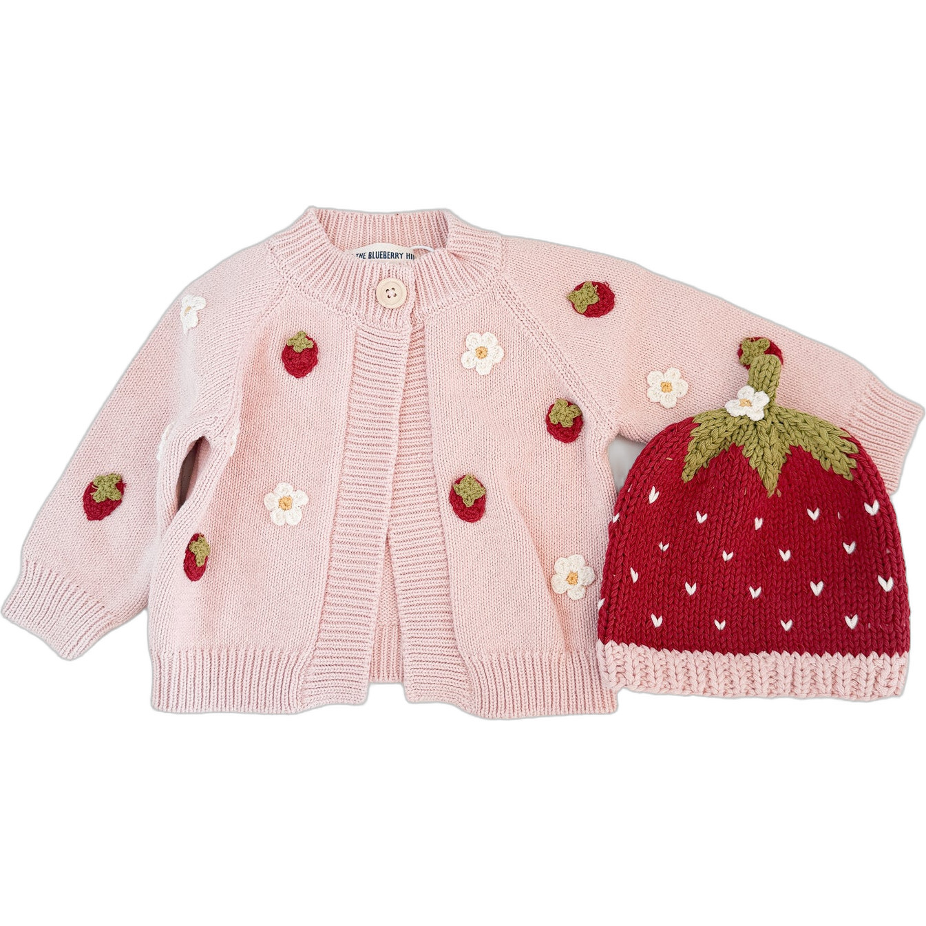 Cotton Strawberry Flower Cardigan and Hat Set, Blush - Cardigans - 1