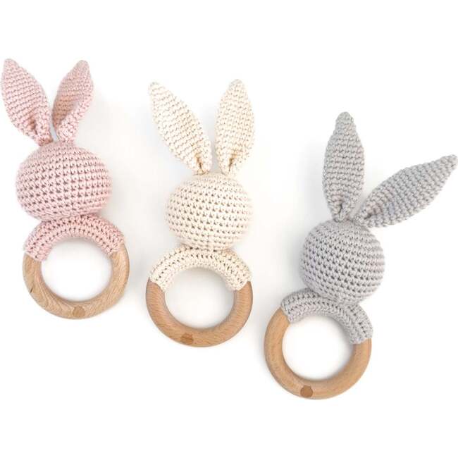 Bunny Rattle Set Blush Grey and Cream Cotton Teether Spring Summer