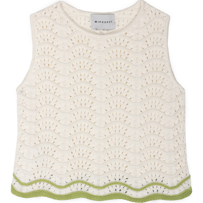 Claudia Cotton Openwork Top, Ecru/Green