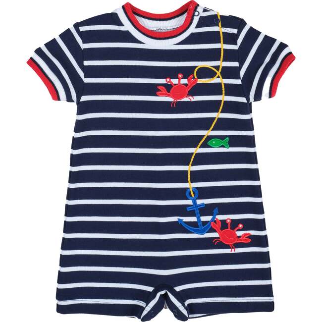 Stripe Knit Shortall With Anchor, Crabs & Fish - Rompers - 1