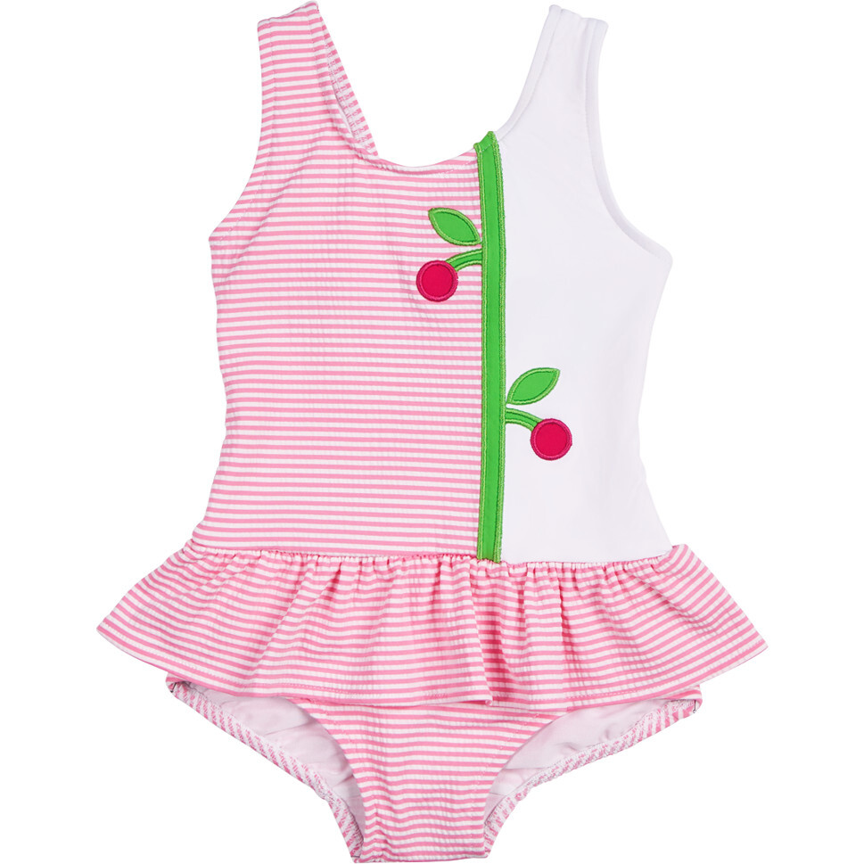 Seersucker Skirted Swimsuit With Cherries - One Pieces - 1
