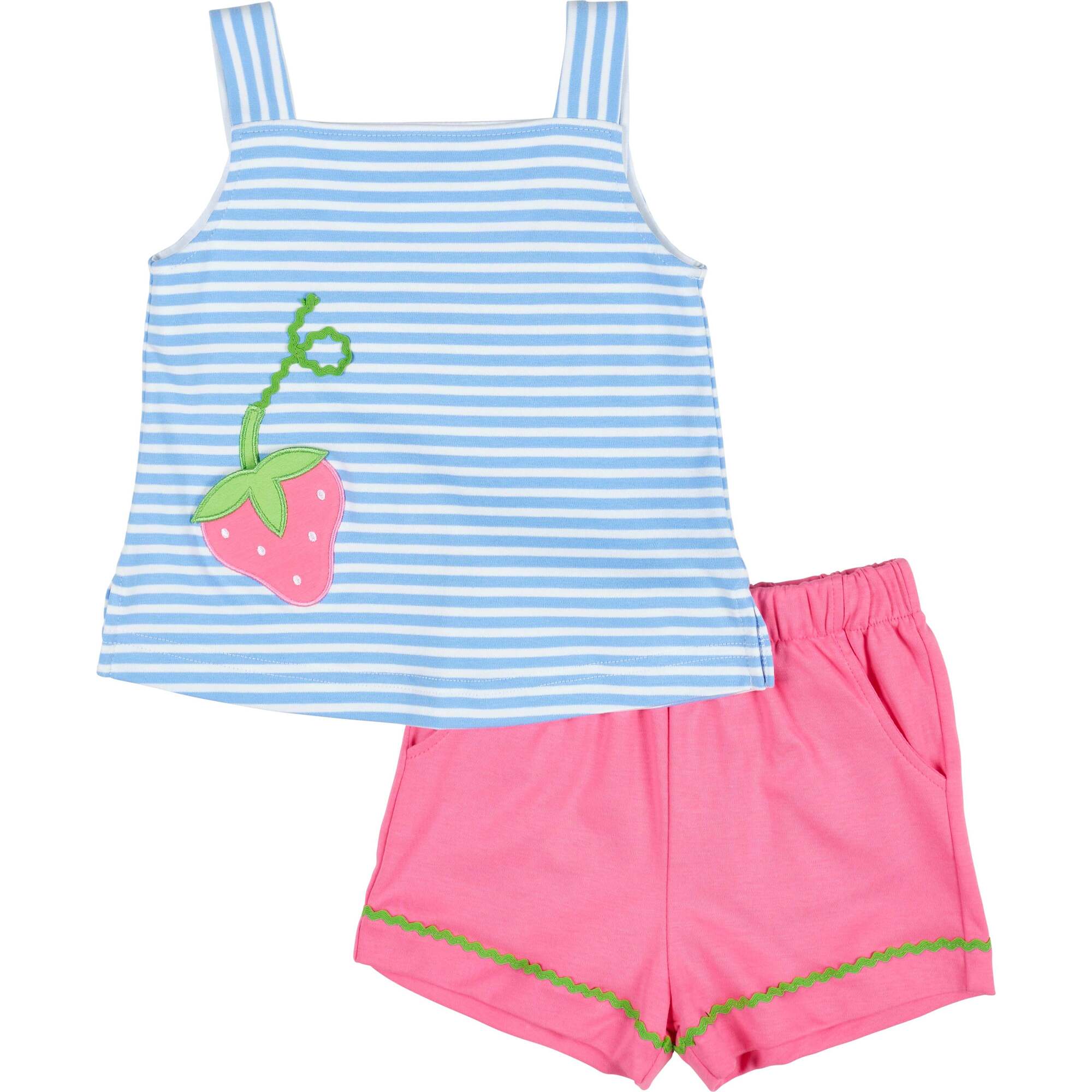 Stripe Knit Short Set With Strawberry Pocket - Mixed Apparel Set - 1