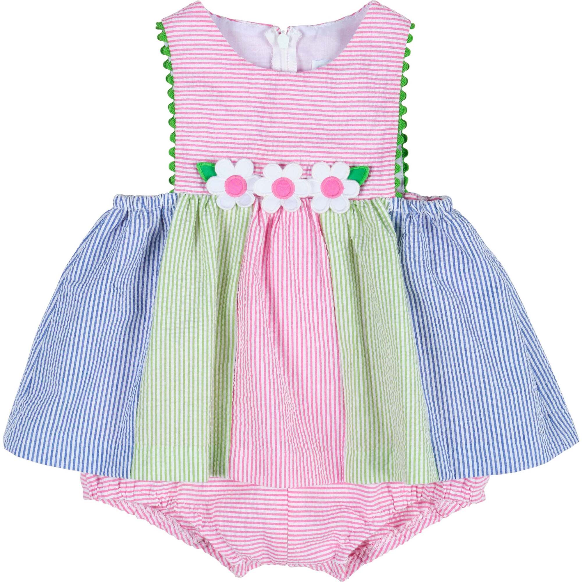 Seersucker Romper With Flowers - Rompers - 1