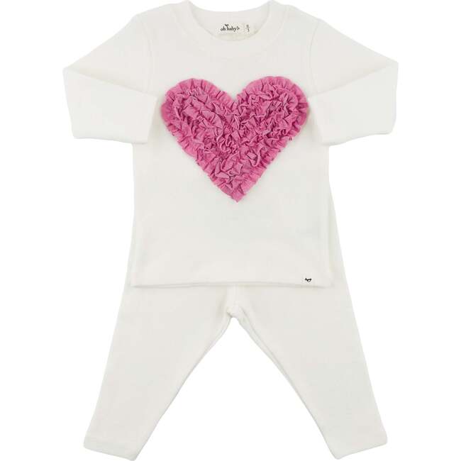 Ruffle Heart Bright Pink Sparkle Two Piece Set, Cream - Mixed Apparel Set - 1