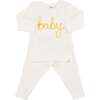 "baby" Golden Embroidered Two Piece Set, Cream - Mixed Apparel Set - 1 - thumbnail