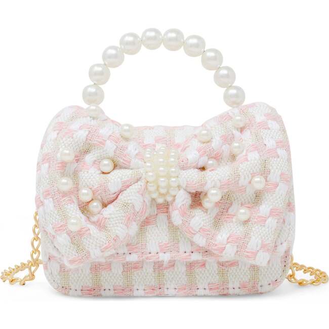 Girls Tweed Jumbo Pearl Bow Handbag, Pink