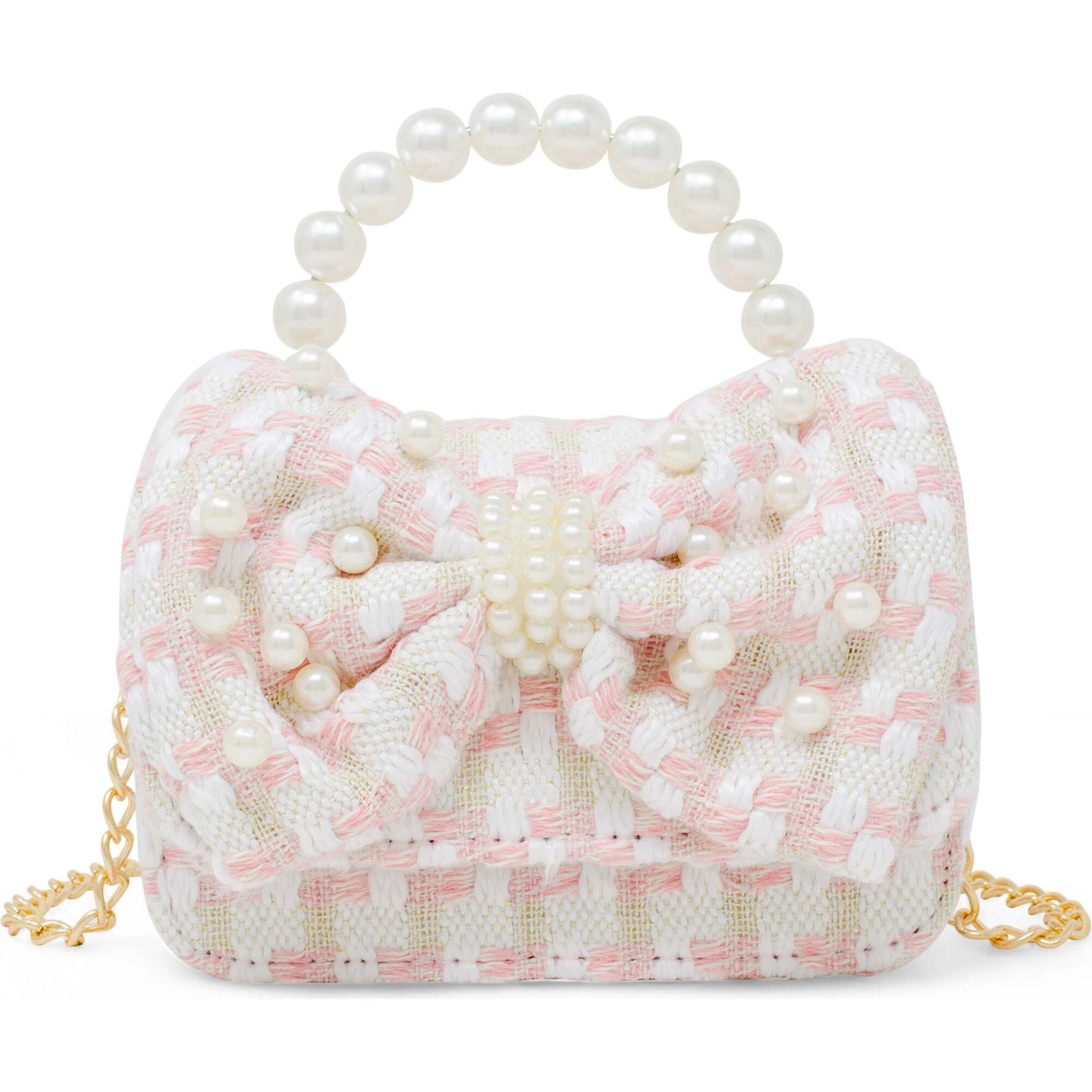 Girls Tweed Jumbo Pearl Bow Handbag, Pink - Bags - 1