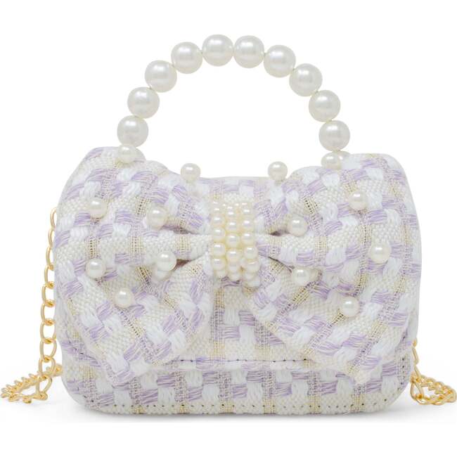 Girls Tweed Jumbo Pearl Bow Handbag, Purple