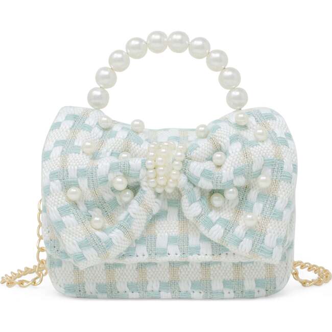 Girls Tweed Jumbo Pearl Bow Handbag, Teal