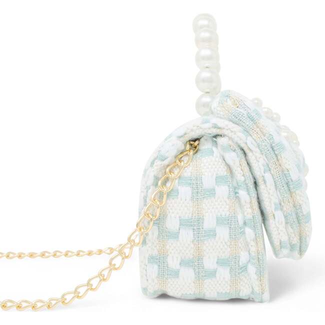 Girls Tweed Jumbo Pearl Bow Handbag, Teal - Bags - 2