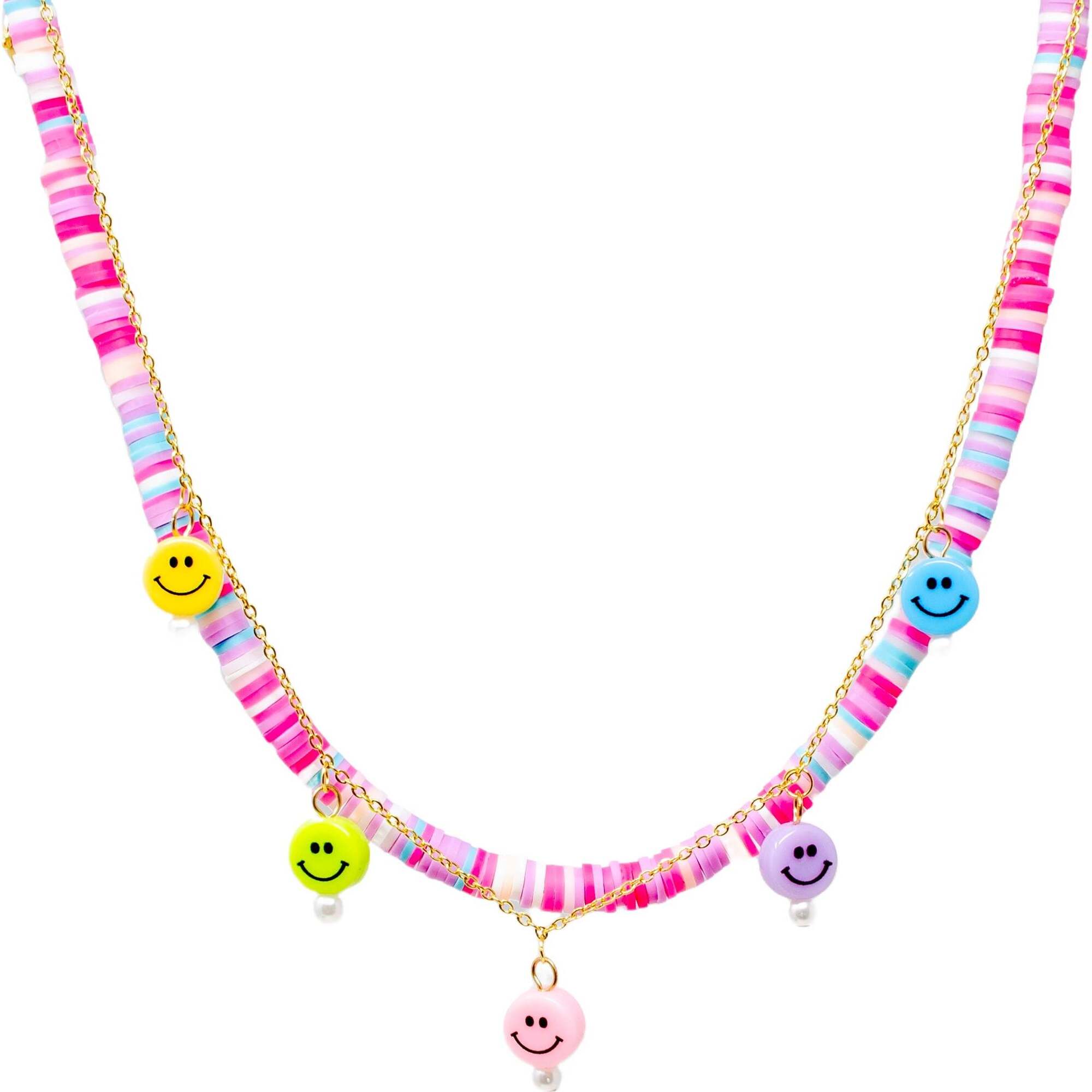 Girl's Colorful Disk Necklace & Charm Duo,  Happy Faces - Necklaces - 1