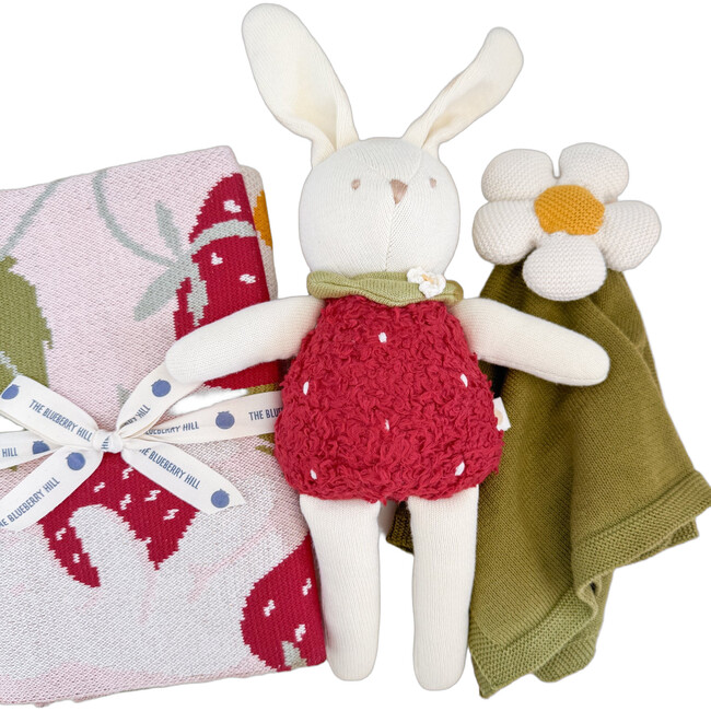 Strawberry Blanket Flower Lovey Bunny Plush Toy Cotton Gift Set