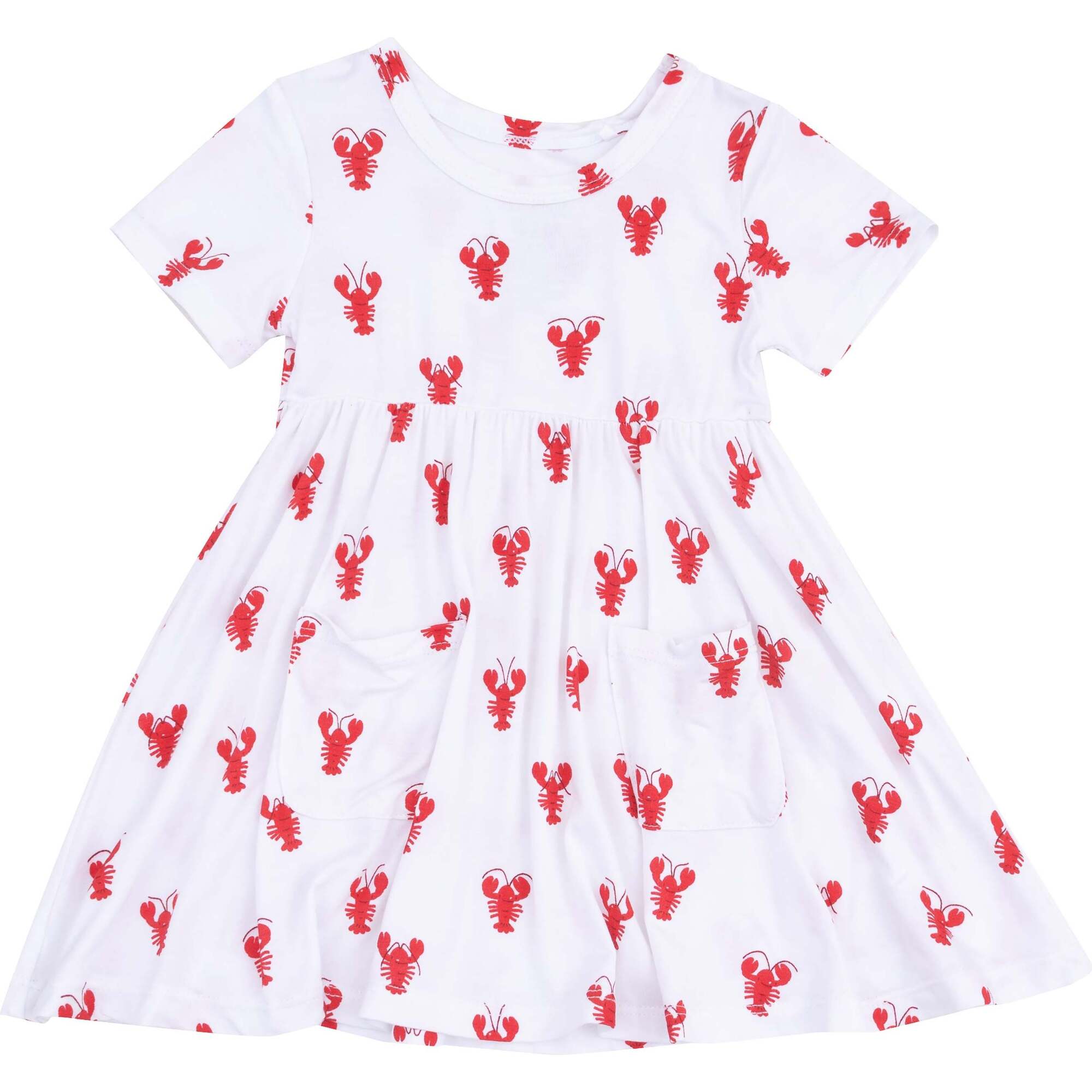Short Sleeve Twirly Dress, Lobster Bamboo, White - Dresses - 1