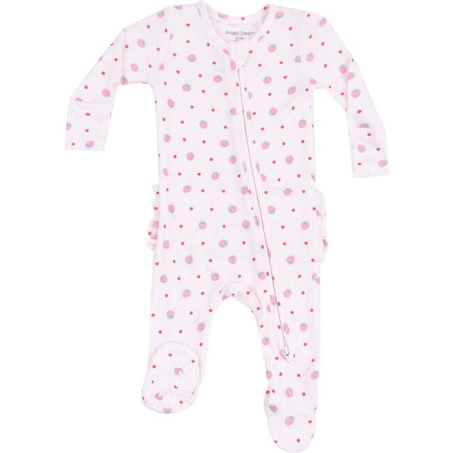 2 Way Zipper Ruffle Back Footie, Strawberry Swiss Dot