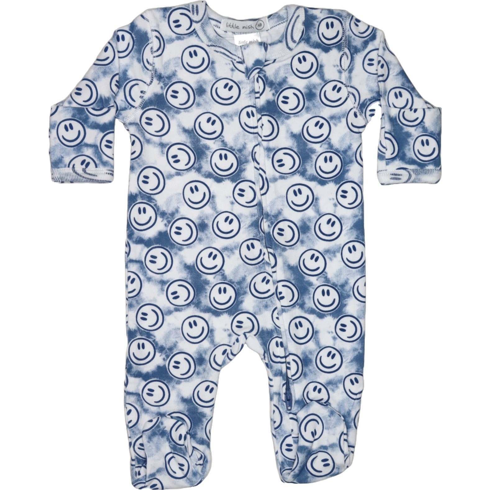 Baby Two-Way Zipper Footie, Blue Tie Dye Smile - Footie Pajamas - 1