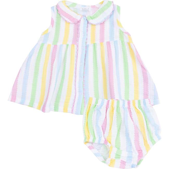 The Jill, Peter Pan Button Front Dress with Ric Rac Trim and Diaper Cover, Ric Rac Stripe