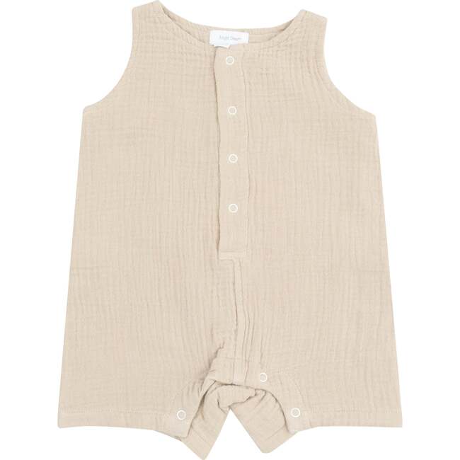 Sleeveless Shortie Romper, Solid Muslin Oxford Tan