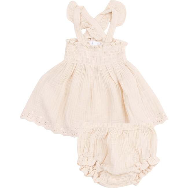 Ruffle Strap Smocked Top and Diaper Cover, Muslin White Swan